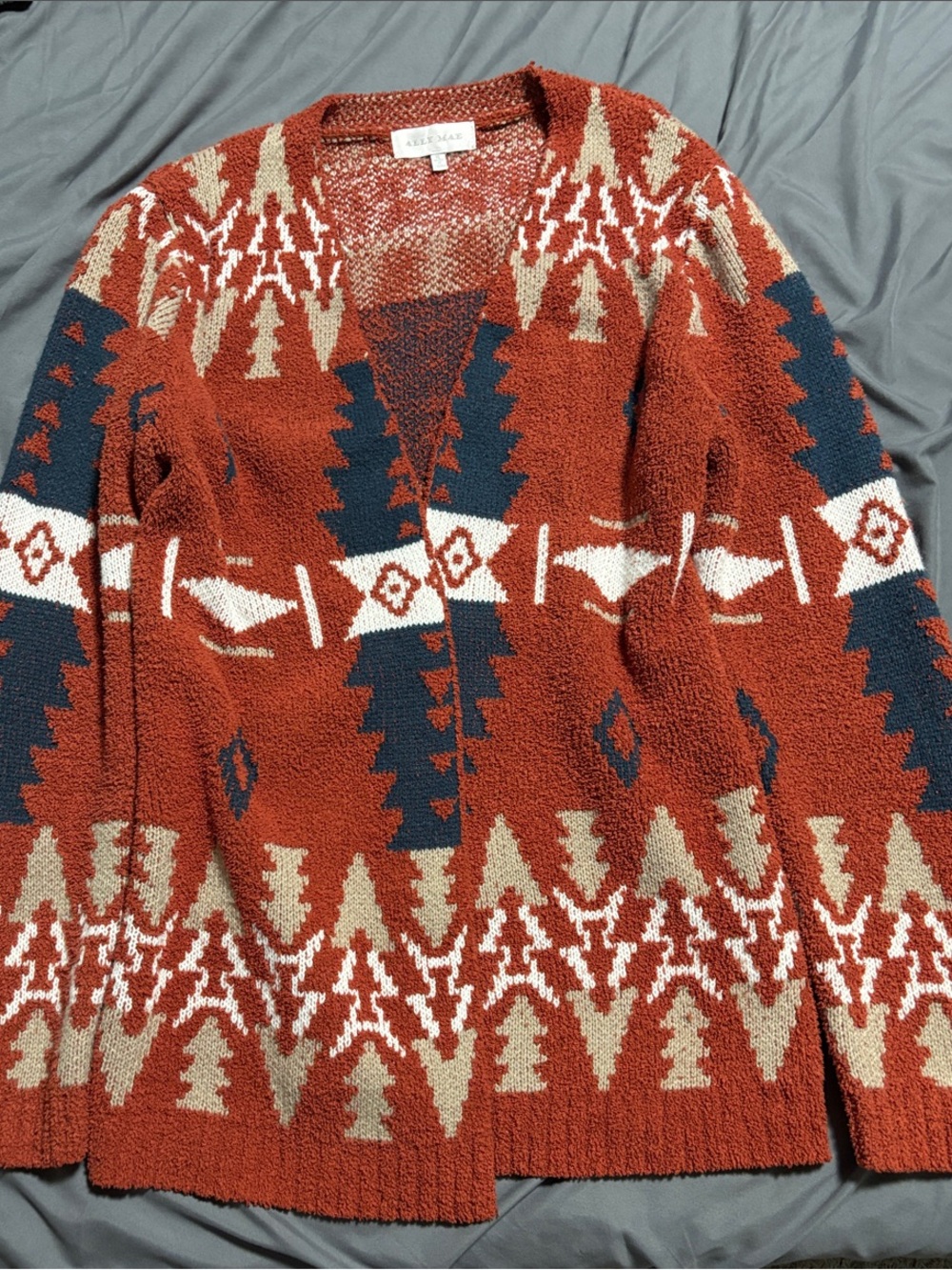 Rust Aztec Open Cardigan Sweater